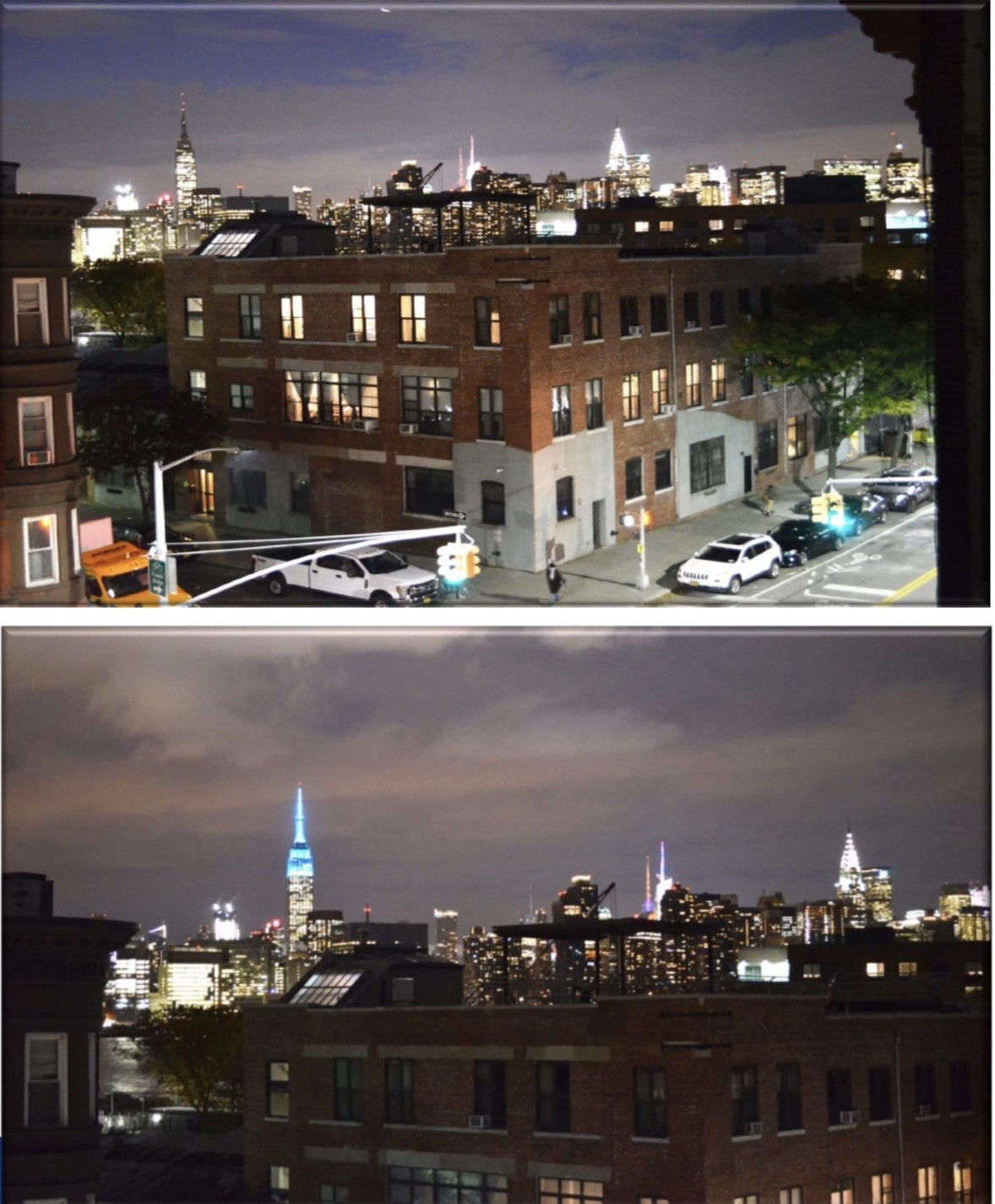 Greenpoint redevelopment property and Manhattan skyline at night